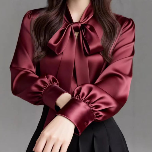 Sophisticated Early Spring Light-Luxury Satin Shirt With Ribbon Ties
