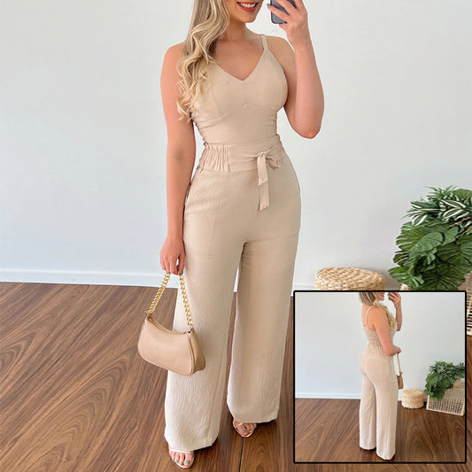 Women's Solid Color Slim Elastic Pleated Two-Piece Suit Sexy Spaghetti Strap V-neck Backless Vest High Waist Wide Leg Pants Suit